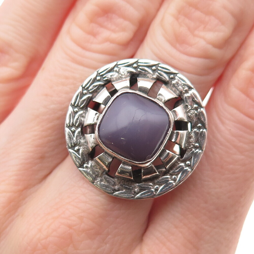 925 Sterling Silver Vintage Mexico Lepidolite Floral Modernist Ring Size 7.75